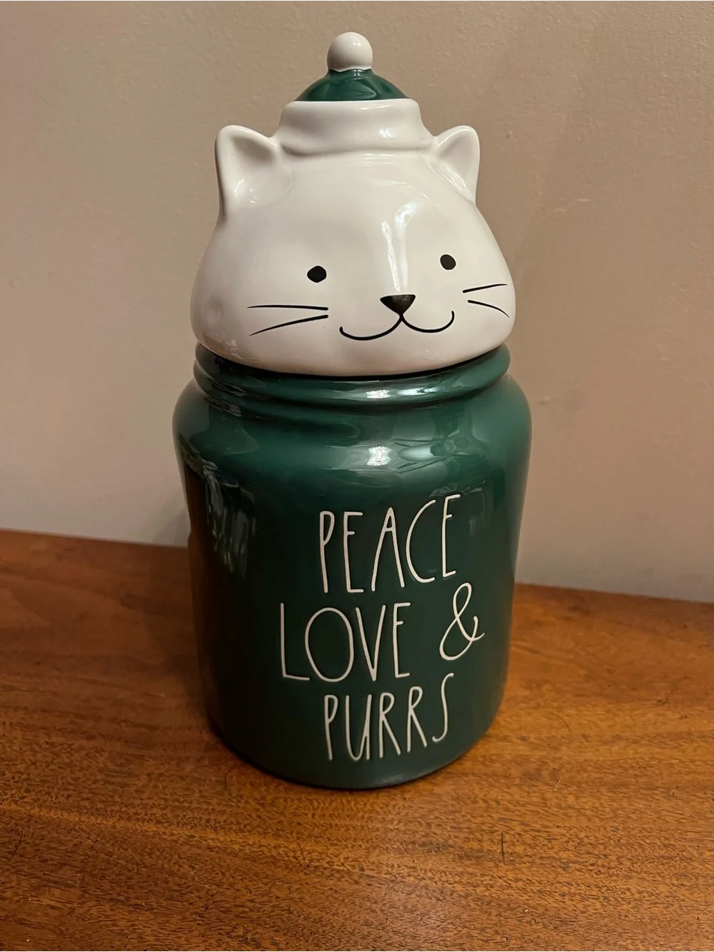Rae Dunn Ceramic Cat Treat Jar in Green - Peace Love & Purrs